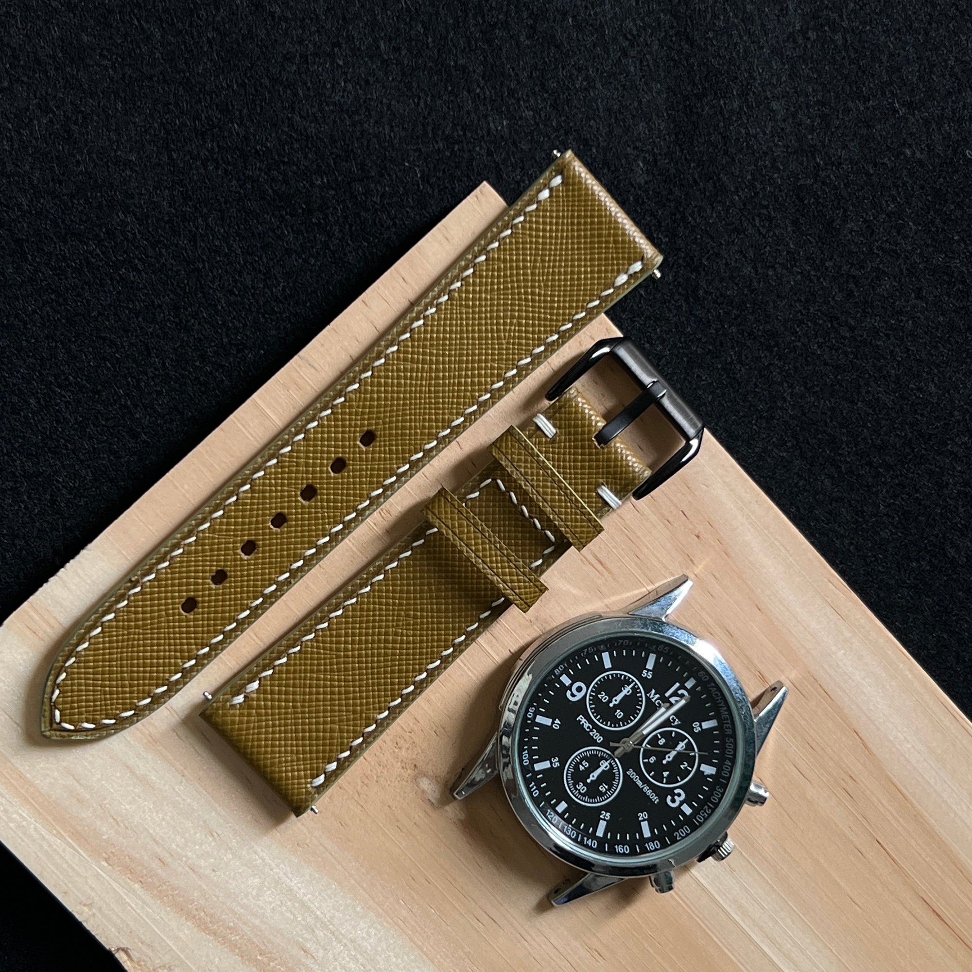 Premium Olive Green Saffiano Leather Watch Band, Handcrafted