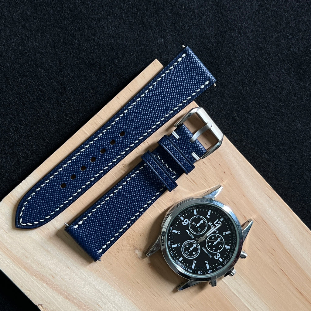 Navy Blue Saffiano Leather Watch Strap, Artisan Handmade