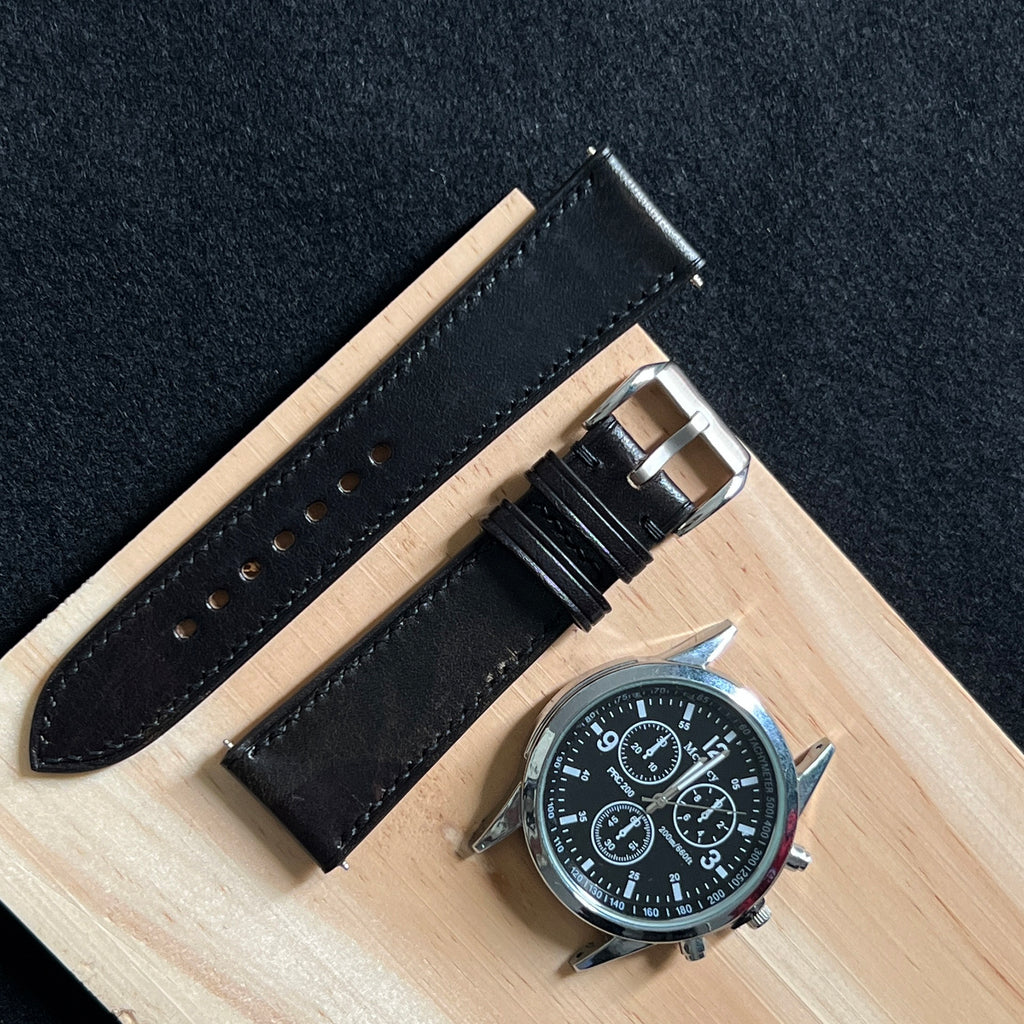 Black Vachetta Leather Watch Band, Hand-Stitched Luxury Genuine Leather