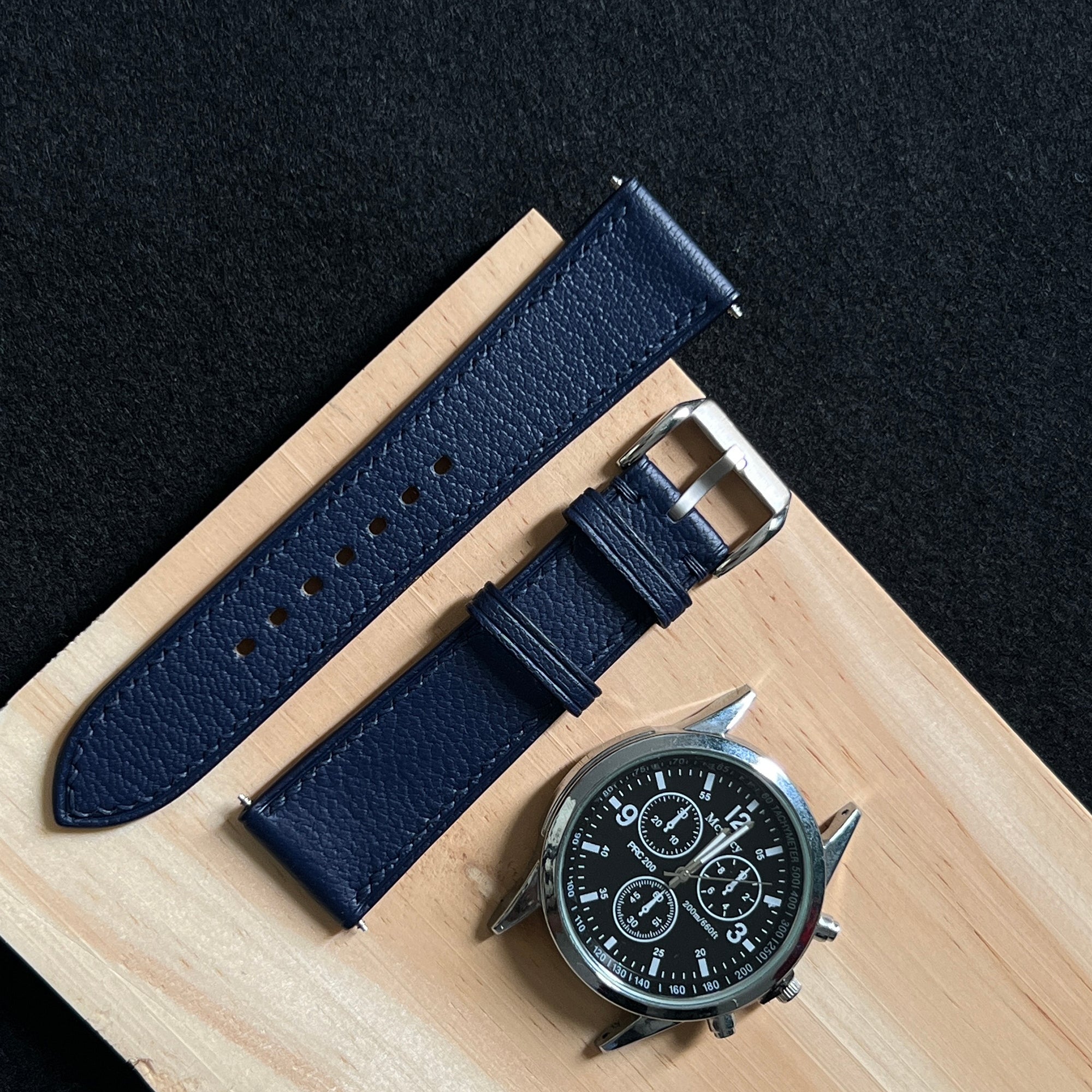 Navy Alran Leather Watch Strap, Elegant Handmade Full-Grain Wristband