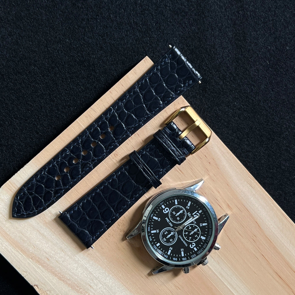 Dark Navy Alligator Round Scale Leather Watch Strap, Premium Handmade Band