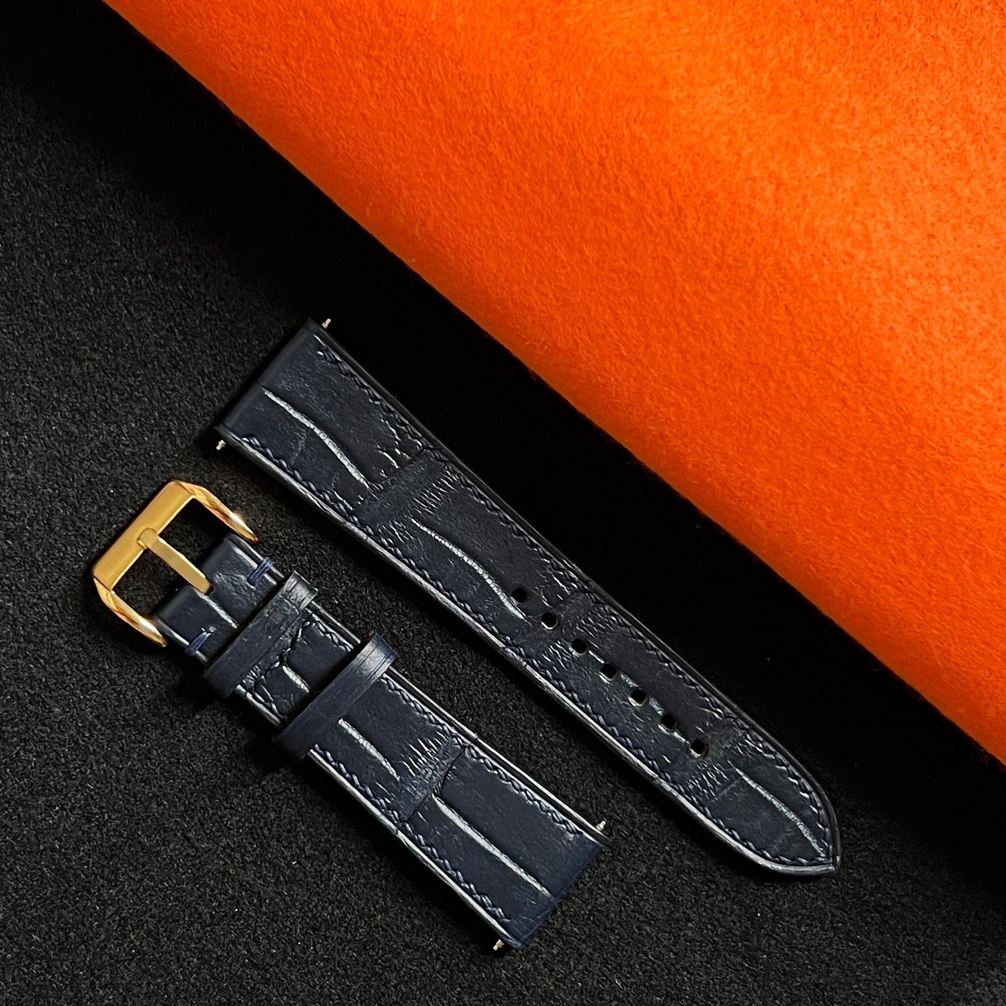 Dark Navy Alligator Round Scale Leather Watch Strap, Premium Handmade Band