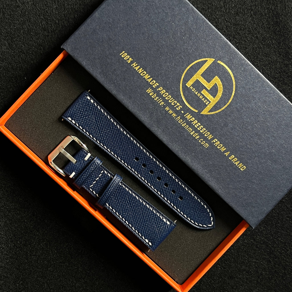 Navy Blue Saffiano Leather Watch Strap, Artisan Handmade