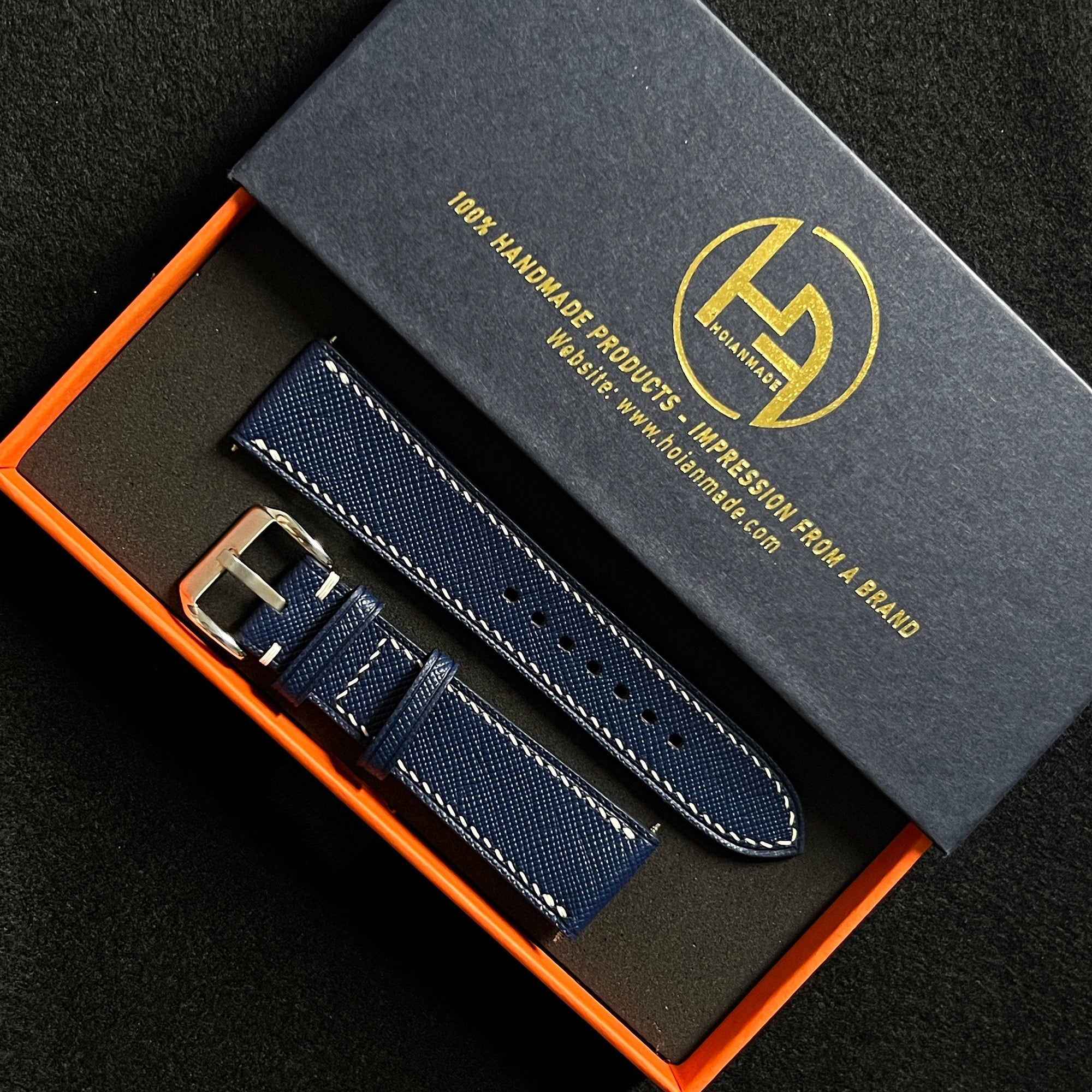 Navy Blue Saffiano Leather Watch Strap, Artisan Handmade