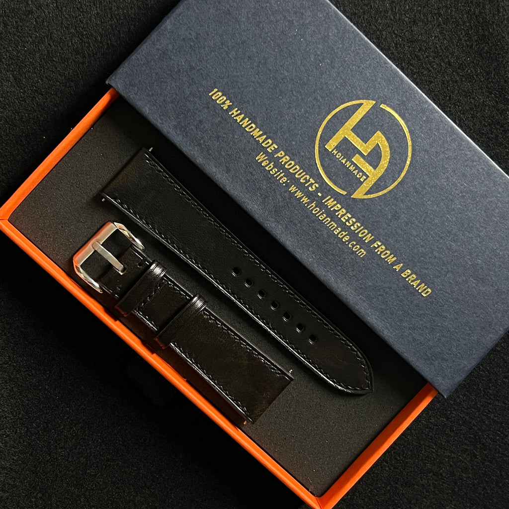 Black Vachetta Leather Watch Band, Hand-Stitched Luxury Genuine Leather