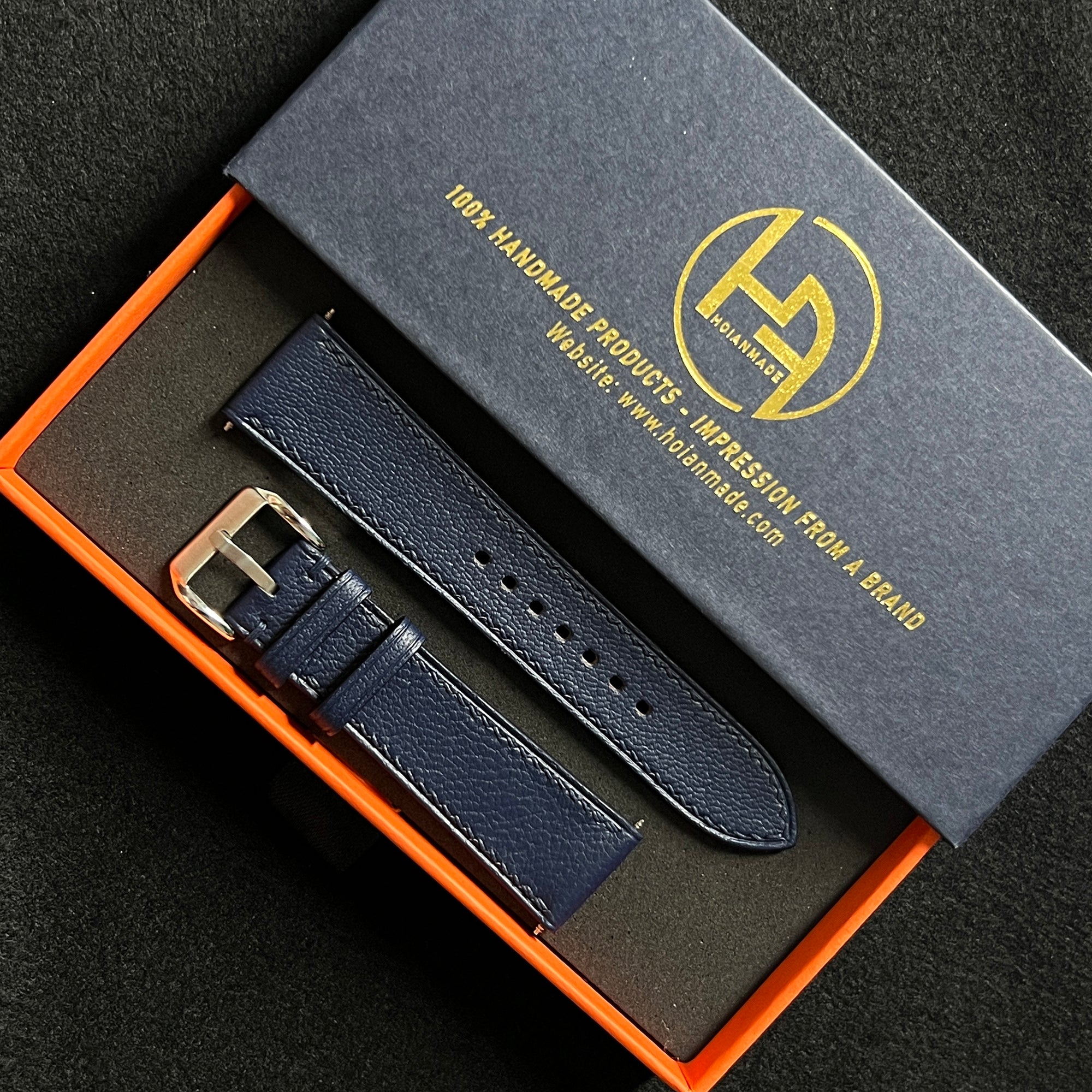 Navy Alran Leather Watch Strap, Elegant Handmade Full-Grain Wristband