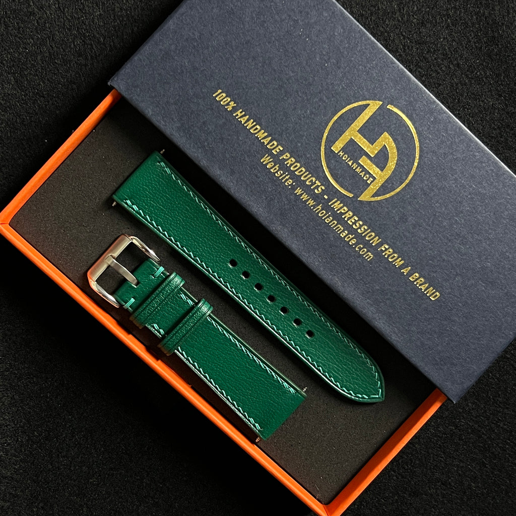 Green Alran Goat Leather Watch Strap, Hand-Stitched Premium Accessory