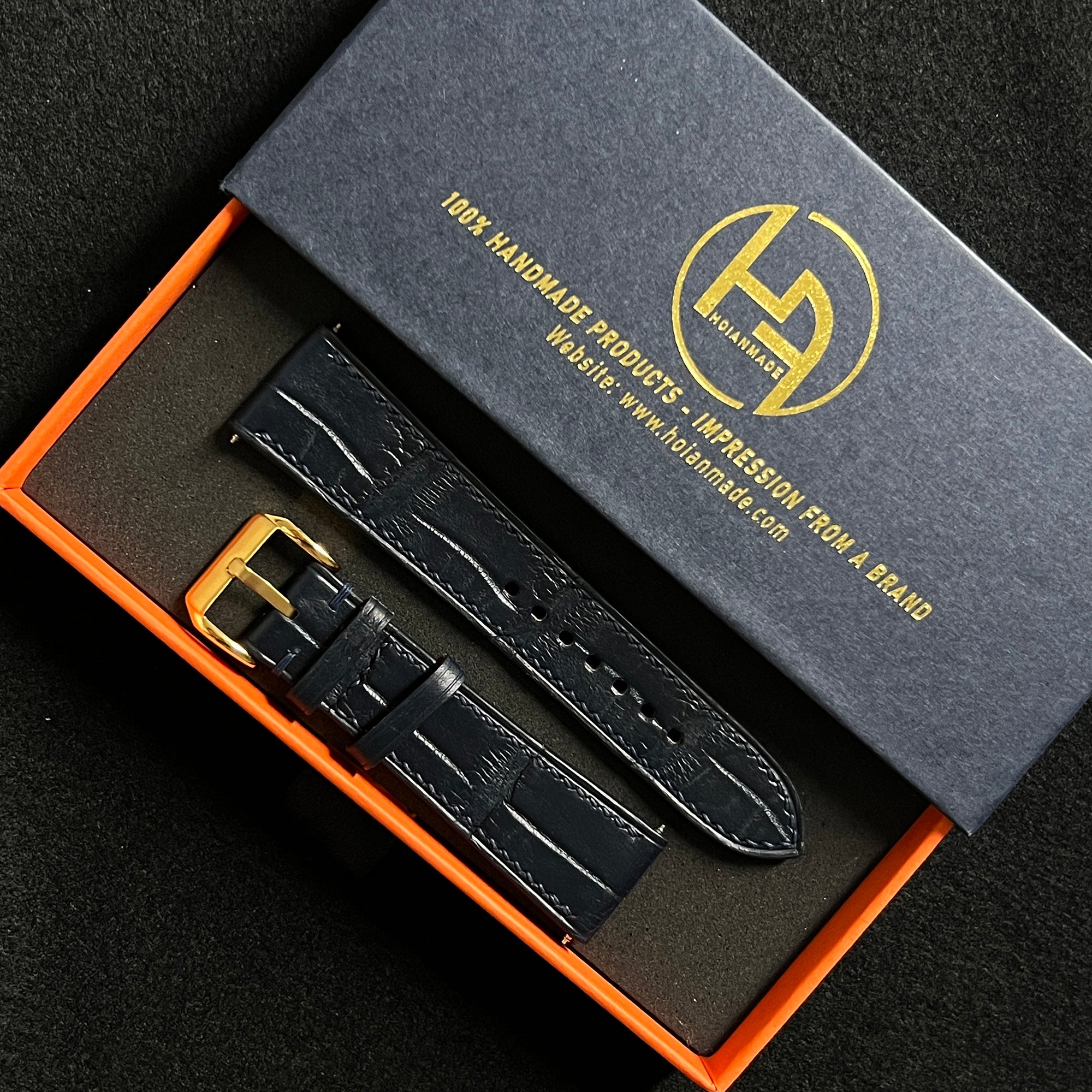 Dark Navy Alligator Round Scale Leather Watch Strap, Premium Handmade Band