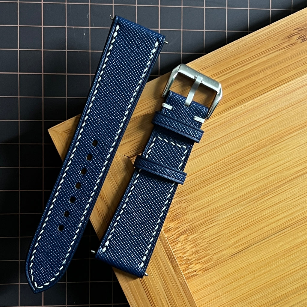 Navy Blue Saffiano Leather Watch Strap, Artisan Handmade
