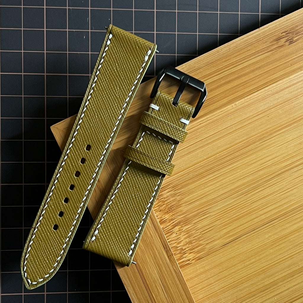 Premium Olive Green Saffiano Leather Watch Band, Handcrafted