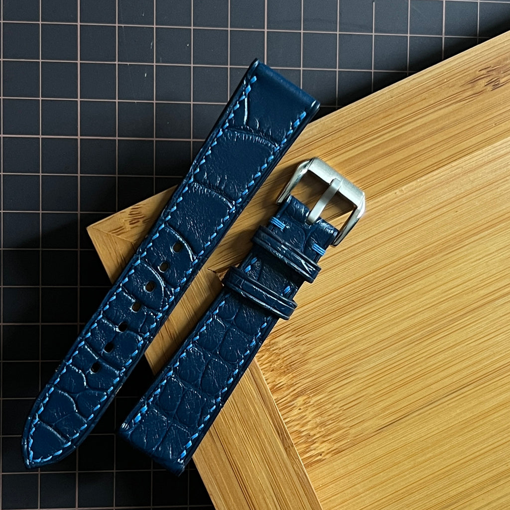 Dark Navy Alligator Round Scale Leather Watch Strap, Premium Handmade Band