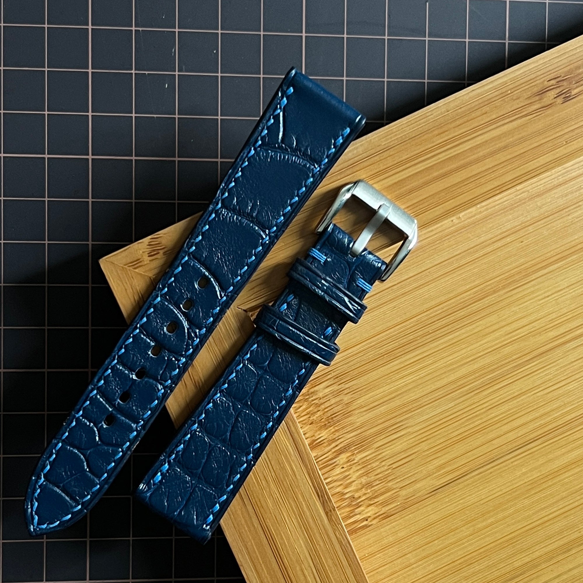 Dark Navy Alligator Round Scale Leather Watch Strap, Premium Handmade Band