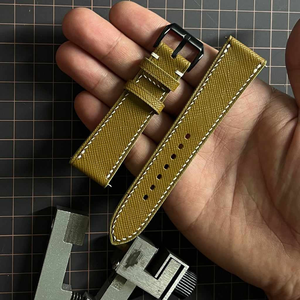 Premium Olive Green Saffiano Leather Watch Band, Handcrafted