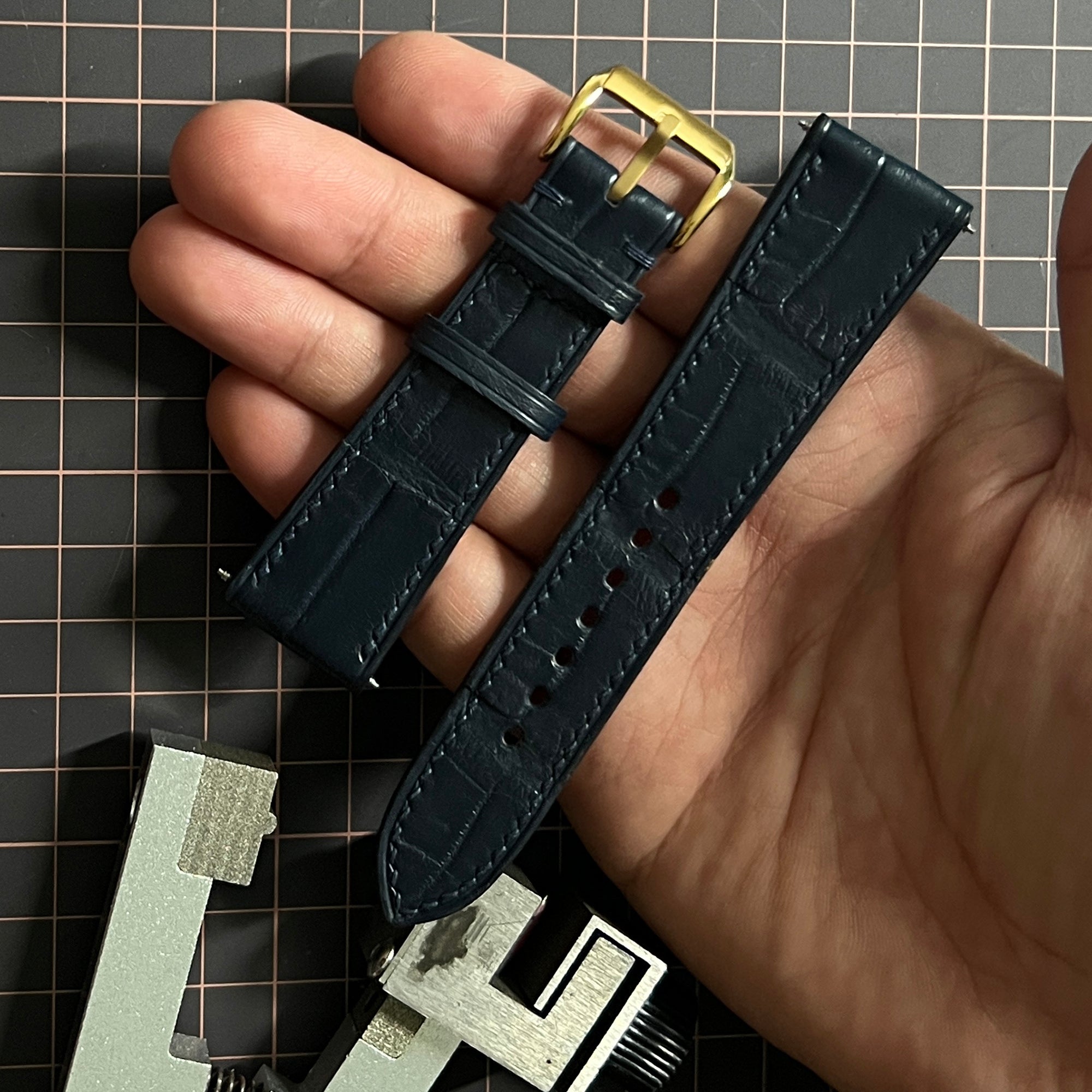 Dark Navy Alligator Round Scale Leather Watch Strap, Premium Handmade Band